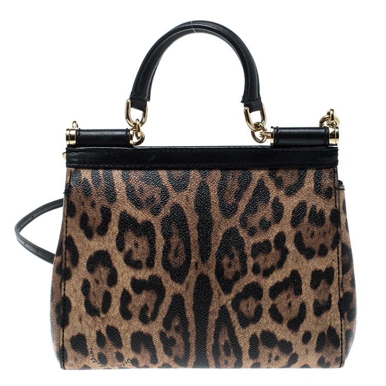 Pre Owned Dolce and Gabbana Leopard Print Coated Canvas Small Miss Sicily Tote