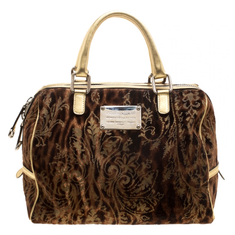 Pre Owned Dolce and Gabbana Brown/Gold Velvet Satchel