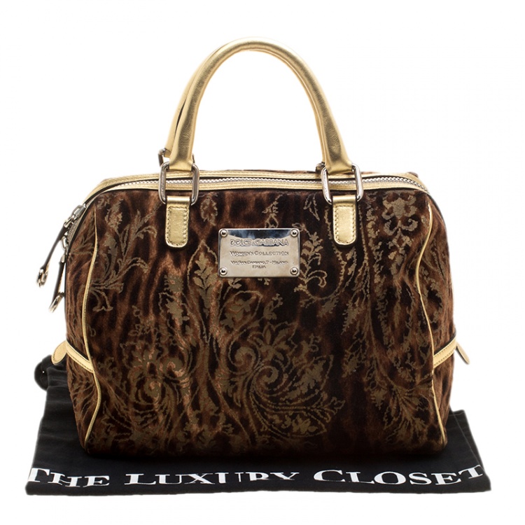 Pre Owned Dolce and Gabbana Brown/Gold Velvet Satchel