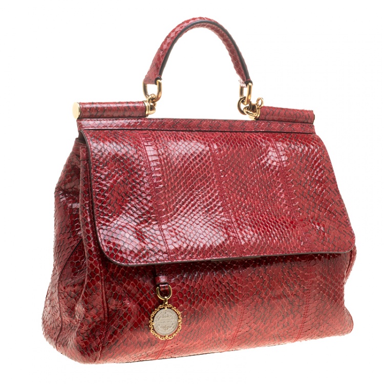 Pre Owned Dolce and Gabbana Red Python Medium Miss Sicily Top Handle Bag
