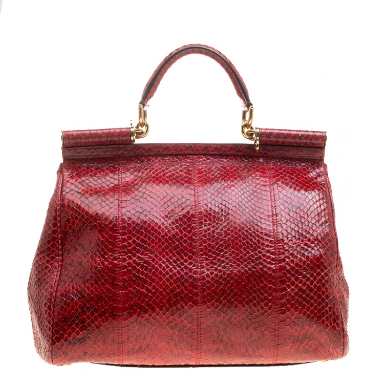 Pre Owned Dolce and Gabbana Red Python Medium Miss Sicily Top Handle Bag