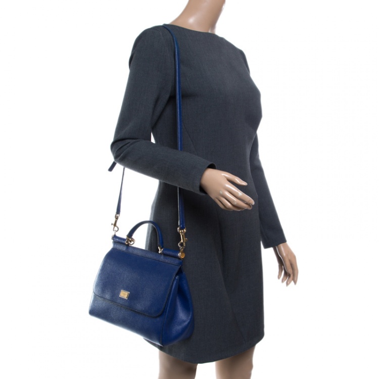 Pre Owned Dolce and Gabbana Blue Leather Medium Miss Sicily Top Handle Bag