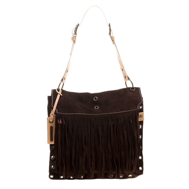 Pre Owned Dolce and Gabbana Dark Brown Suede Eyelet Fringe Shoulder Bag 