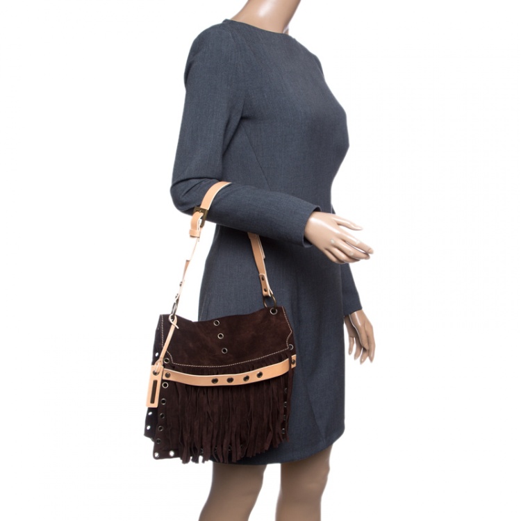 Pre Owned Dolce and Gabbana Dark Brown Suede Eyelet Fringe Shoulder Bag 