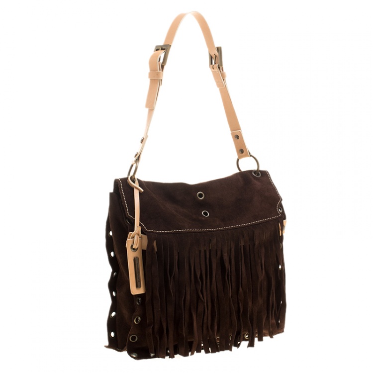 Pre Owned Dolce and Gabbana Dark Brown Suede Eyelet Fringe Shoulder Bag 