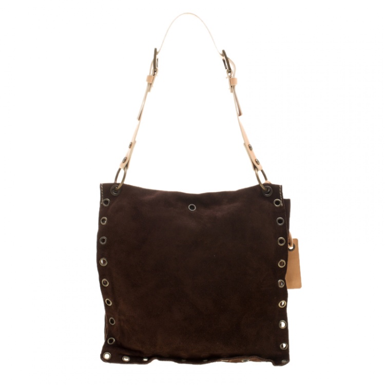 Pre Owned Dolce and Gabbana Dark Brown Suede Eyelet Fringe Shoulder Bag 