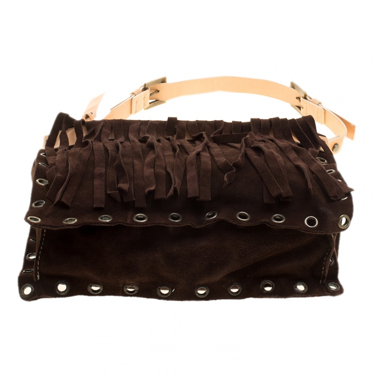Pre Owned Dolce and Gabbana Dark Brown Suede Eyelet Fringe Shoulder Bag 
