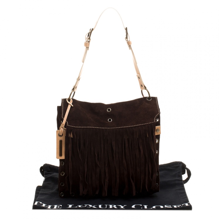 Pre Owned Dolce and Gabbana Dark Brown Suede Eyelet Fringe Shoulder Bag 