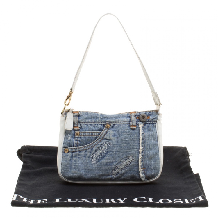 Pre Owned Dolce and Gabbana Blue/White Denim and Leather Shoulder Bag