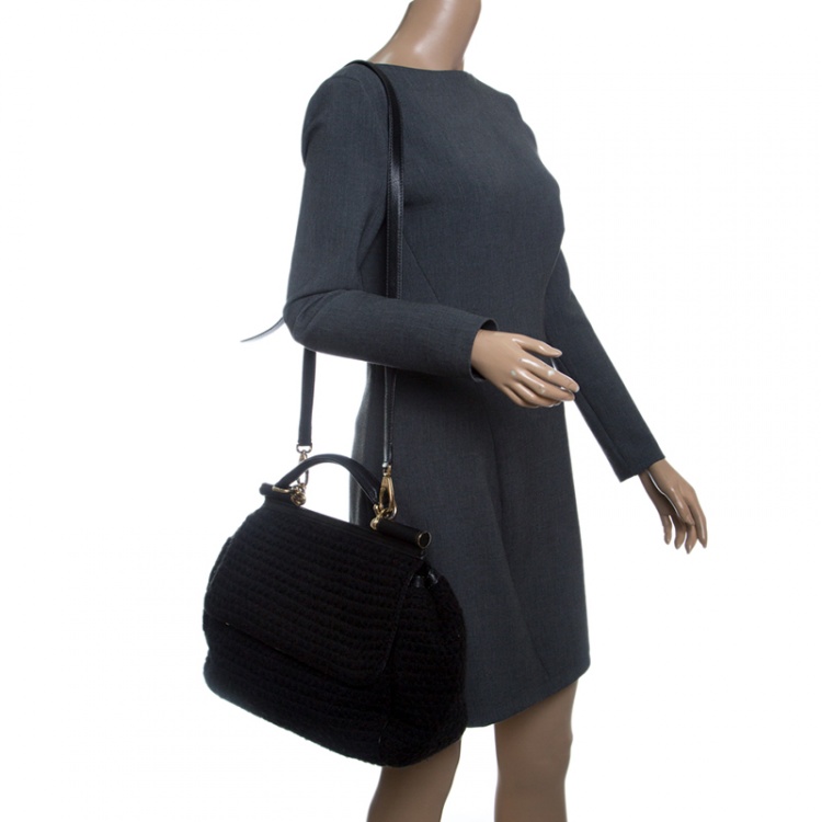 Pre Owned Dolce and Gabbana Black Crochet Fabric Large Miss Sicily Top Handle Bag