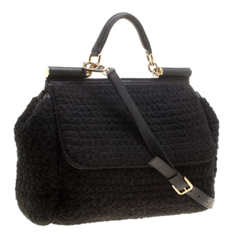 Pre Owned Dolce and Gabbana Black Crochet Fabric Large Miss Sicily Top Handle Bag