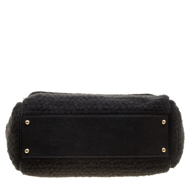 Pre Owned Dolce and Gabbana Black Crochet Fabric Large Miss Sicily Top Handle Bag