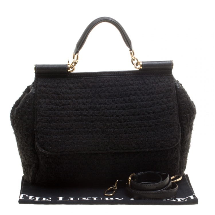 Pre Owned Dolce and Gabbana Black Crochet Fabric Large Miss Sicily Top Handle Bag