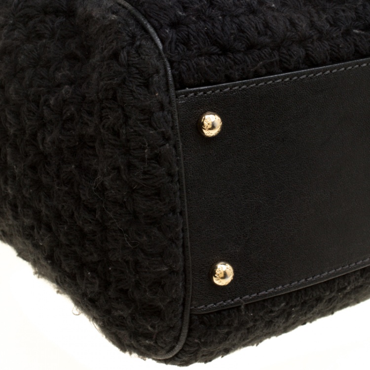Pre Owned Dolce and Gabbana Black Crochet Fabric Large Miss Sicily Top Handle Bag