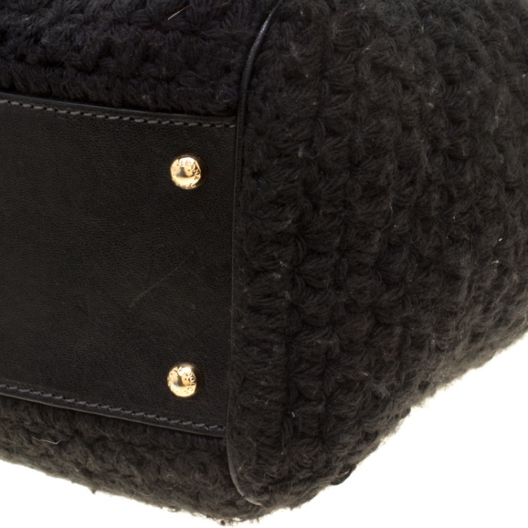 Pre Owned Dolce and Gabbana Black Crochet Fabric Large Miss Sicily Top Handle Bag