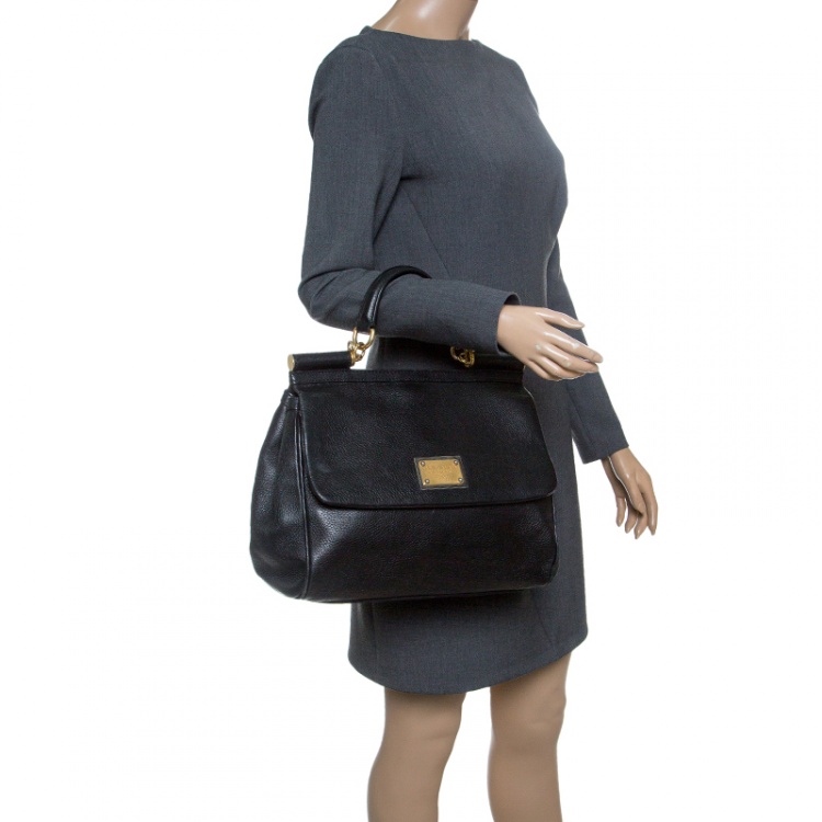 Pre Owned Dolce and Gabbana Black Leather Large Miss Sicily Top Handle Bag