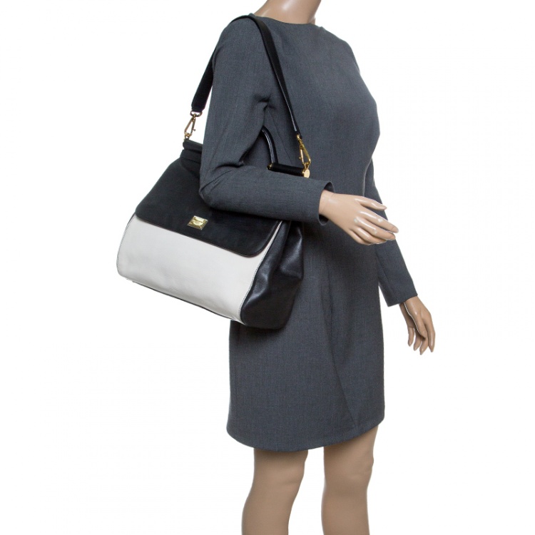 Pre Owned Dolce and Gabbana Off White/Black Leather Large Miss Sicily Top Handle Bag