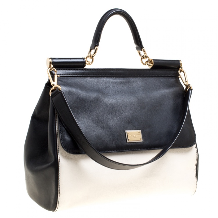 Pre Owned Dolce and Gabbana Off White/Black Leather Large Miss Sicily Top Handle Bag