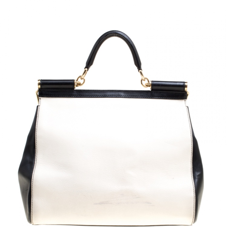 Pre Owned Dolce and Gabbana Off White/Black Leather Large Miss Sicily Top Handle Bag