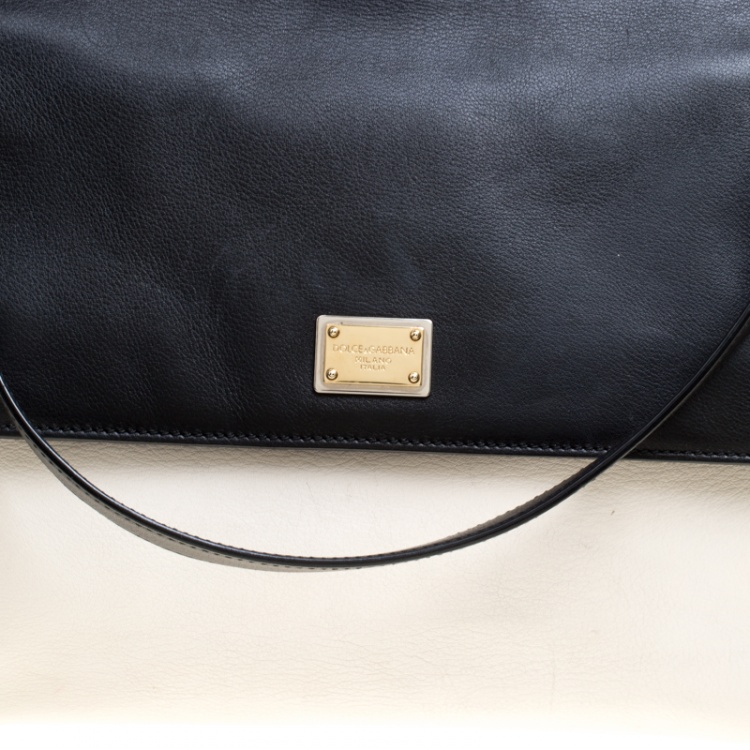 Pre Owned Dolce and Gabbana Off White/Black Leather Large Miss Sicily Top Handle Bag