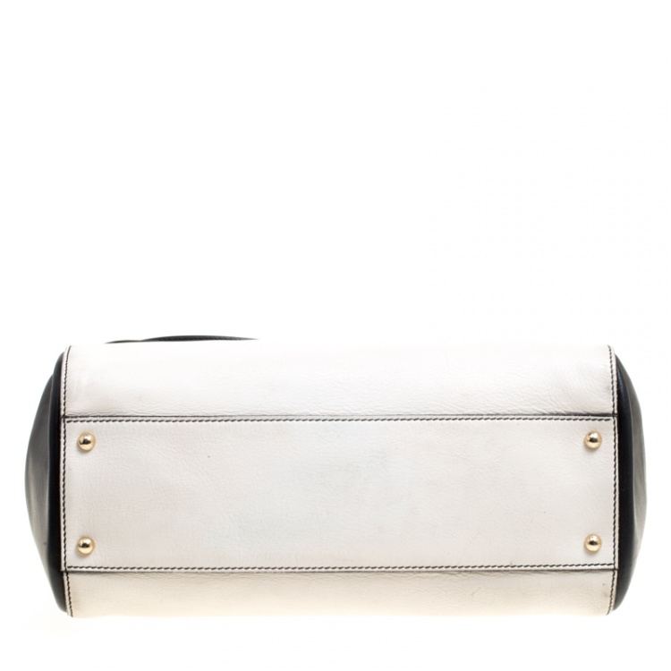 Pre Owned Dolce and Gabbana Off White/Black Leather Large Miss Sicily Top Handle Bag