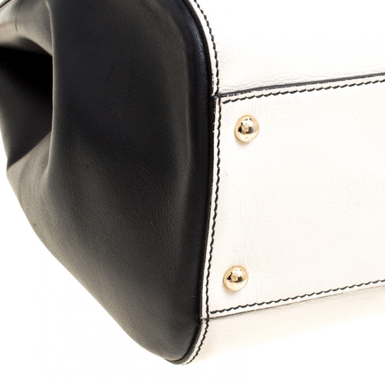 Pre Owned Dolce and Gabbana Off White/Black Leather Large Miss Sicily Top Handle Bag