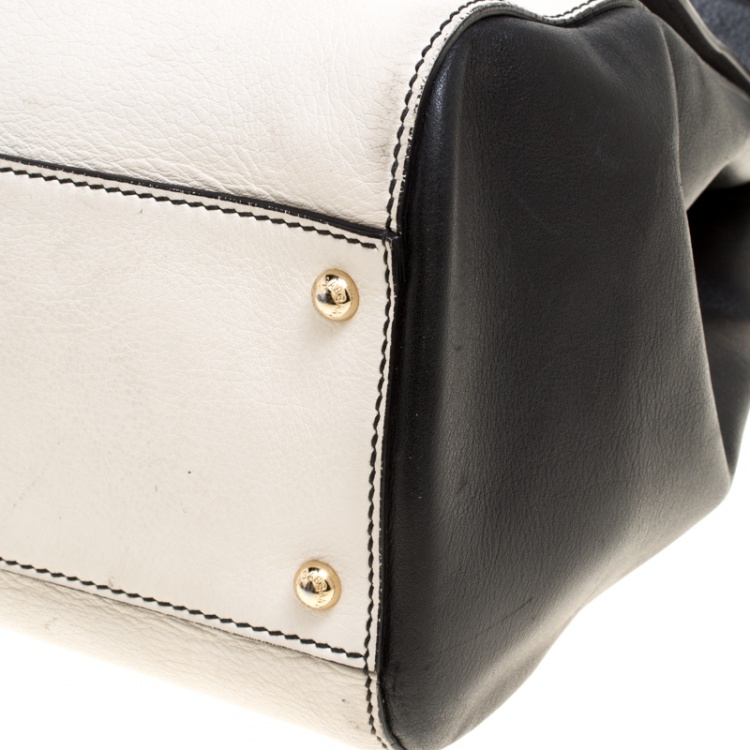 Pre Owned Dolce and Gabbana Off White/Black Leather Large Miss Sicily Top Handle Bag