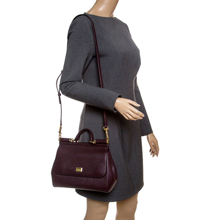 Pre Owned Dolce and Gabbana Burgundy Leather Medium Miss Sicily Top Handle Bag