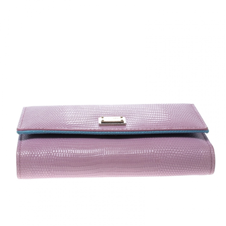 Pre Owned Dolce and Gabbana Pink/Blue Lizard Embossed Leather Flap Wallet