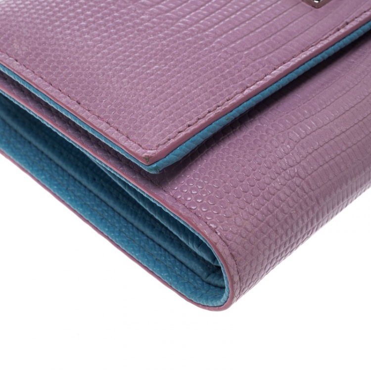 Pre Owned Dolce and Gabbana Pink/Blue Lizard Embossed Leather Flap Wallet