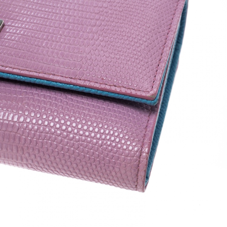 Pre Owned Dolce and Gabbana Pink/Blue Lizard Embossed Leather Flap Wallet