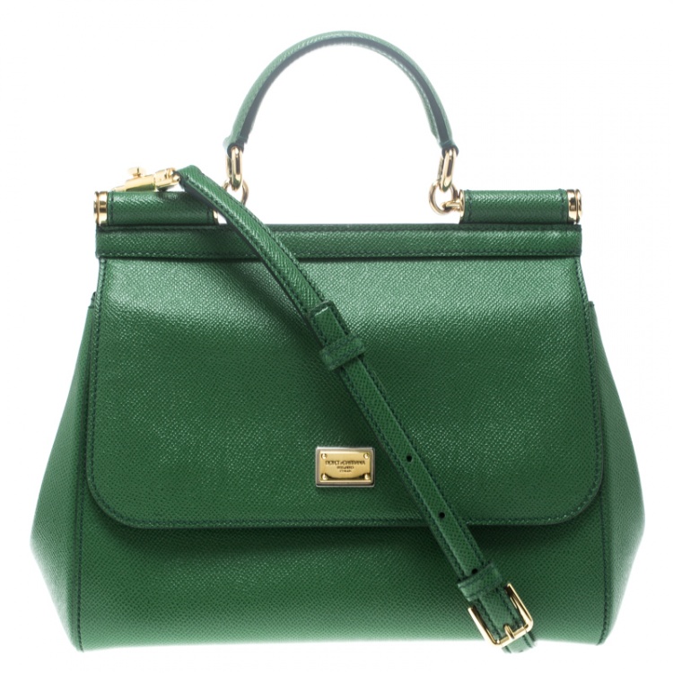 Pre Owned Dolce and Gabbana Green Leather Medium Miss Sicily Top Handle Bag
