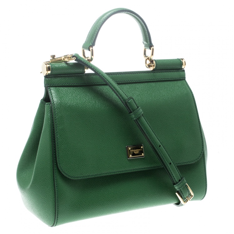 Pre Owned Dolce and Gabbana Green Leather Medium Miss Sicily Top Handle Bag
