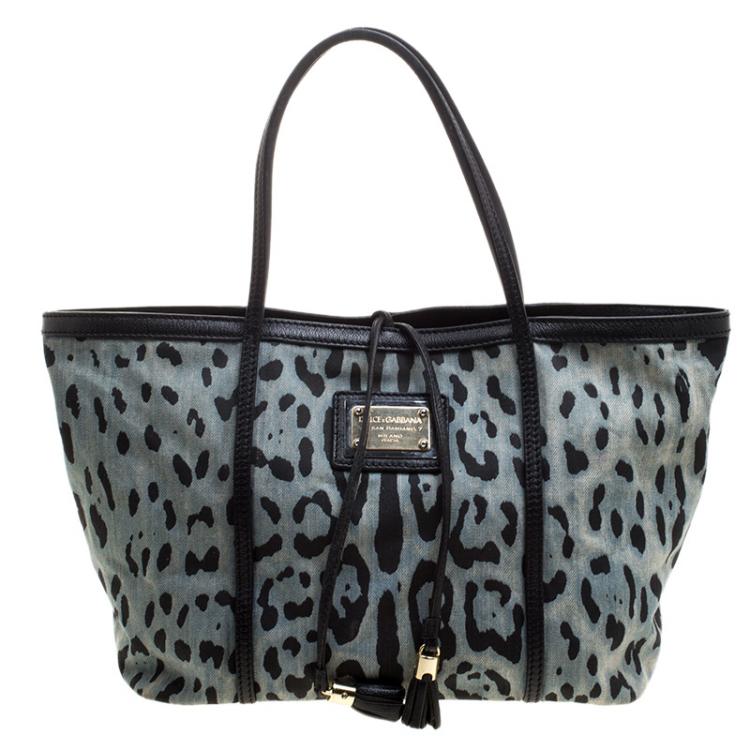 Pre Owned Dolce and Gabbana Blue Leopard Print Canvas Tote