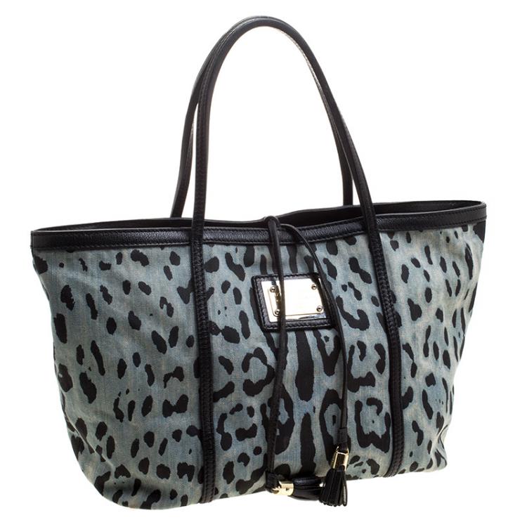 Pre Owned Dolce and Gabbana Blue Leopard Print Canvas Tote