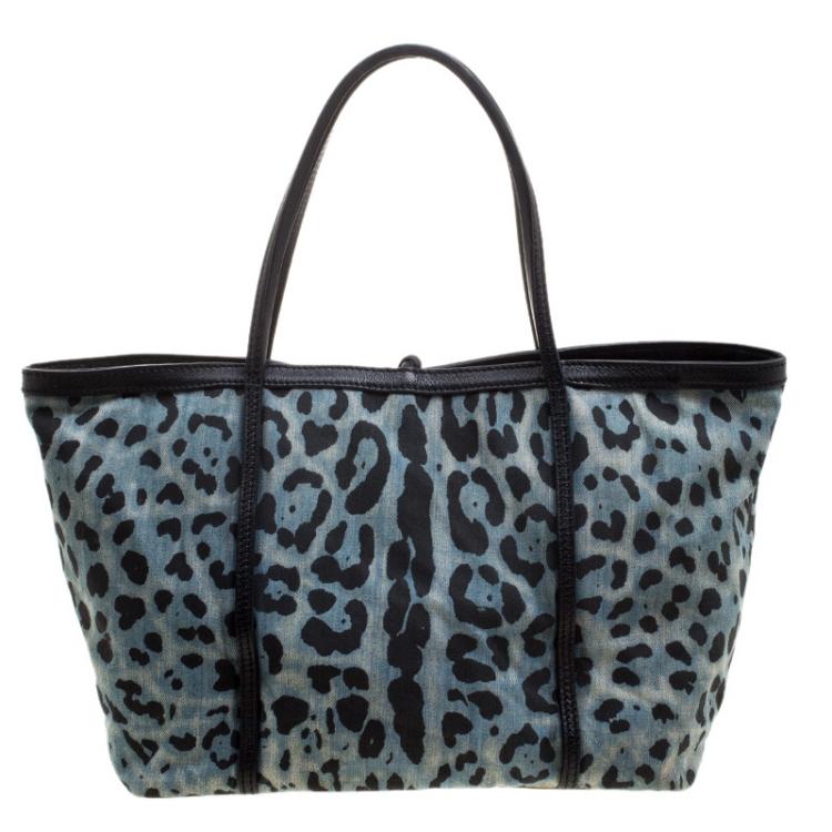 Pre Owned Dolce and Gabbana Blue Leopard Print Canvas Tote