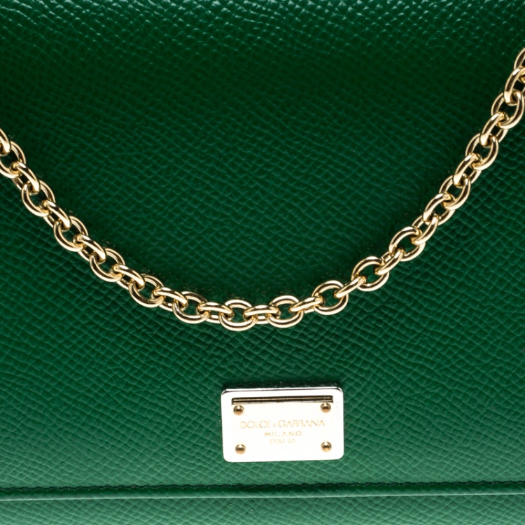 Pre Owned Dolce and Gabbana Green Leather Sicily Wallet on Chain 