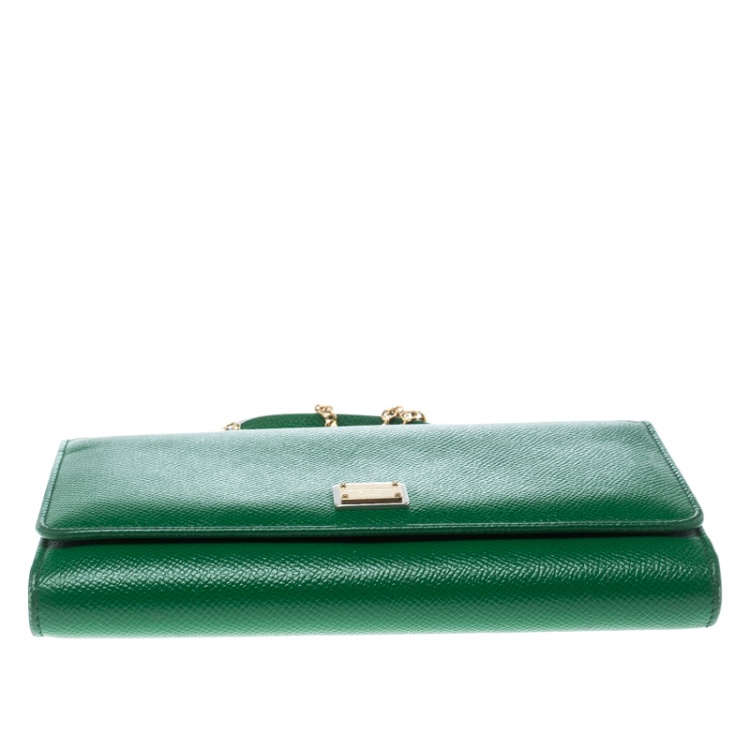 Pre Owned Dolce and Gabbana Green Leather Sicily Wallet on Chain 