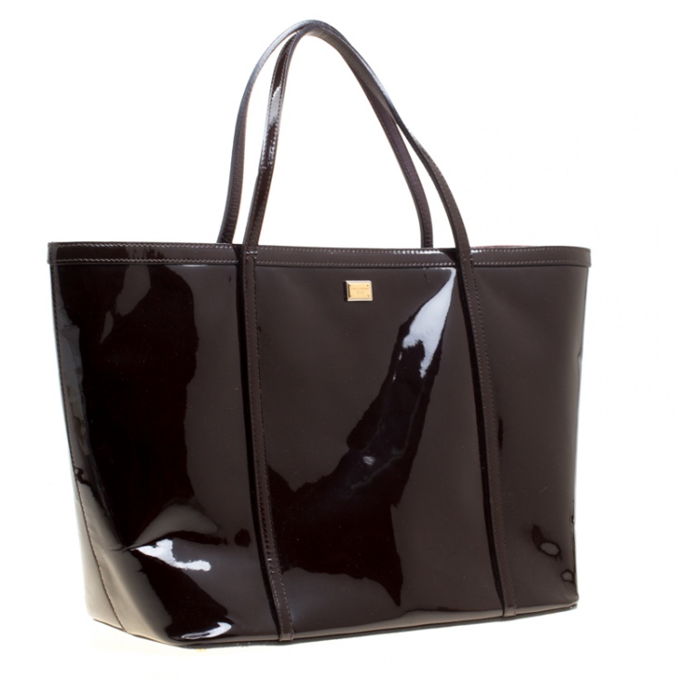 Pre Owned Dolce and Gabbana Dark Brown Patent Leather Miss Escape Tote