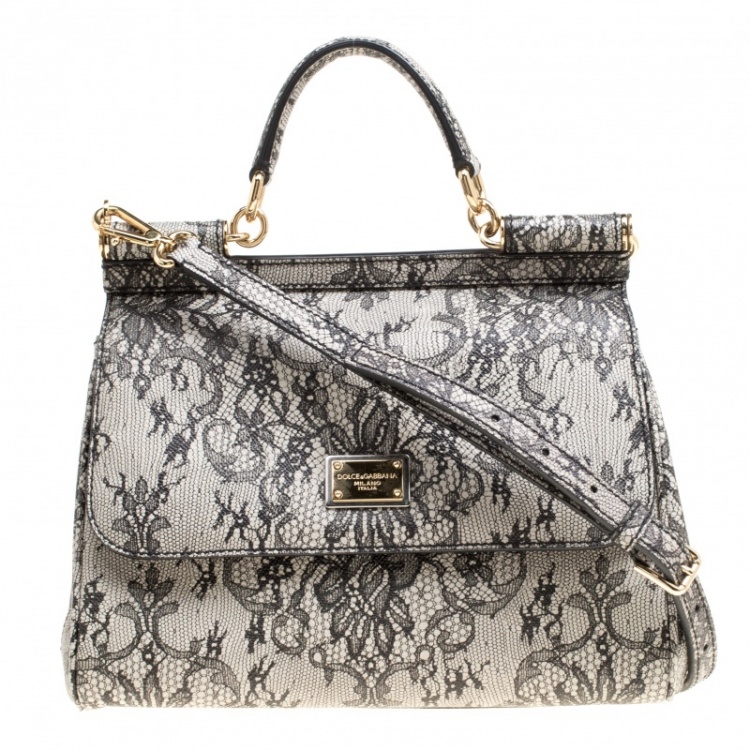 Pre Owned Dolce and Gabbana Beige Lace Print Leather Medium Miss Sicily Top Handle Bag