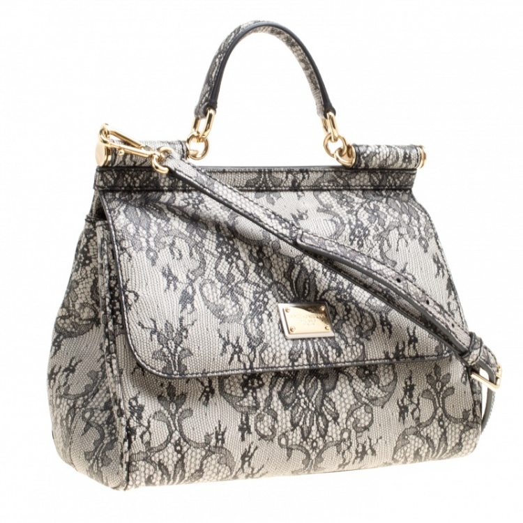 Pre Owned Dolce and Gabbana Beige Lace Print Leather Medium Miss Sicily Top Handle Bag