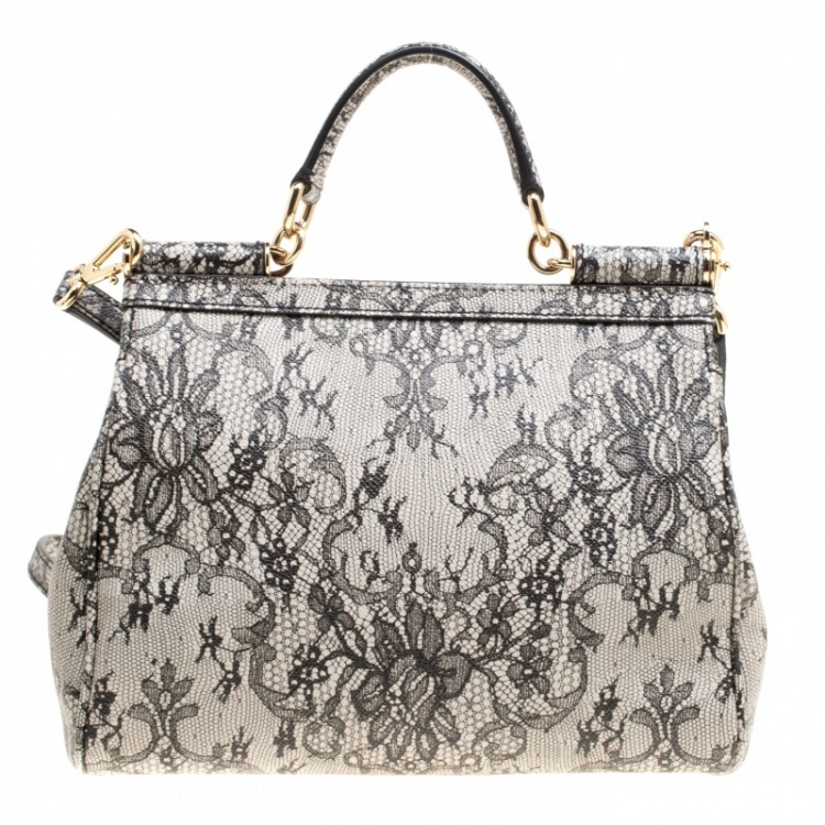 Pre Owned Dolce and Gabbana Beige Lace Print Leather Medium Miss Sicily Top Handle Bag