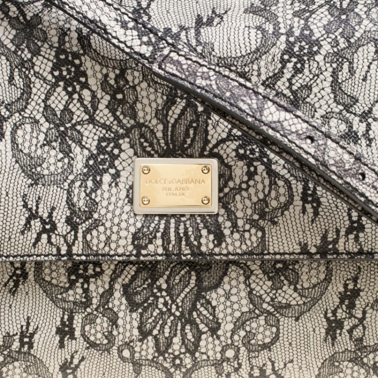 Pre Owned Dolce and Gabbana Beige Lace Print Leather Medium Miss Sicily Top Handle Bag