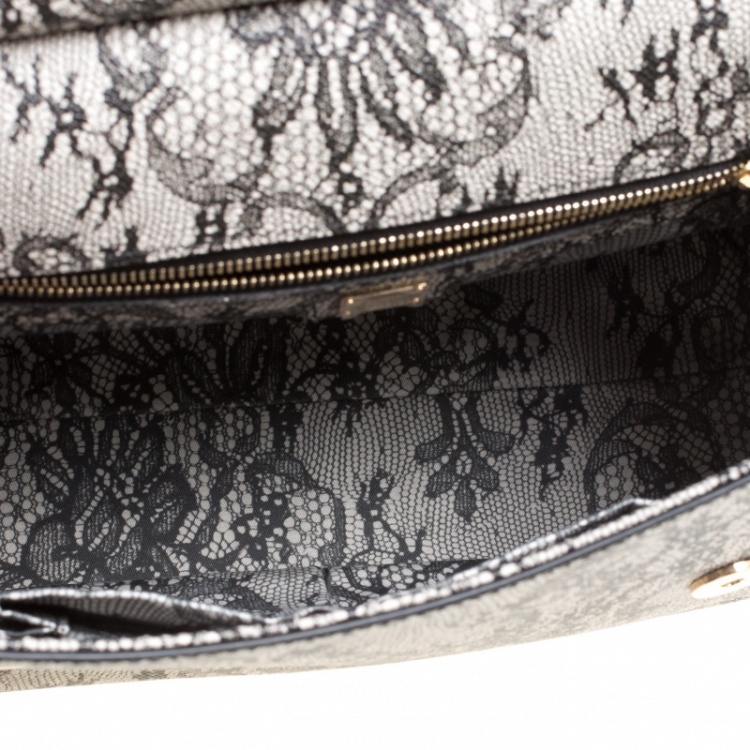 Pre Owned Dolce and Gabbana Beige Lace Print Leather Medium Miss Sicily Top Handle Bag