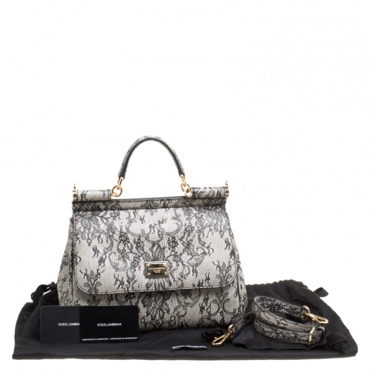 Pre Owned Dolce and Gabbana Beige Lace Print Leather Medium Miss Sicily Top Handle Bag