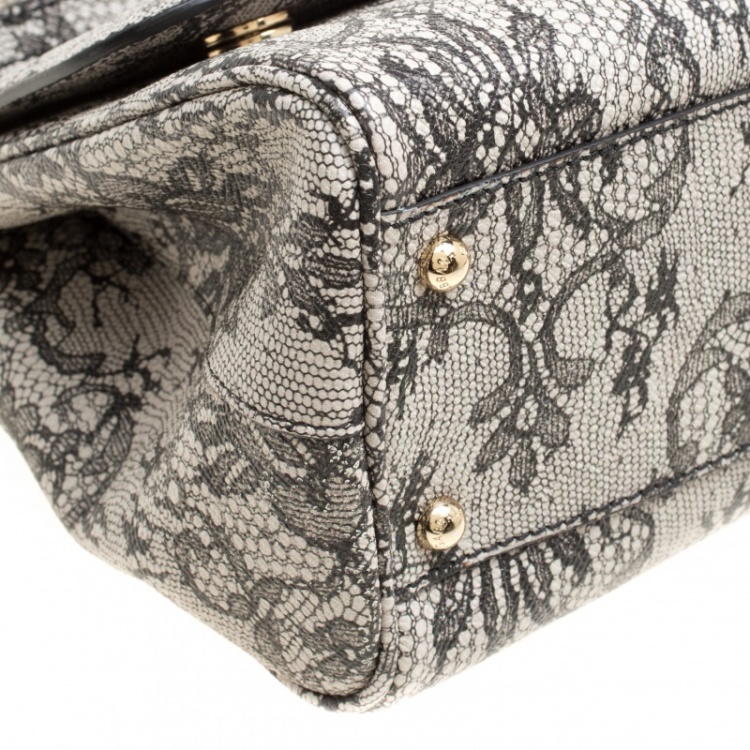 Pre Owned Dolce and Gabbana Beige Lace Print Leather Medium Miss Sicily Top Handle Bag