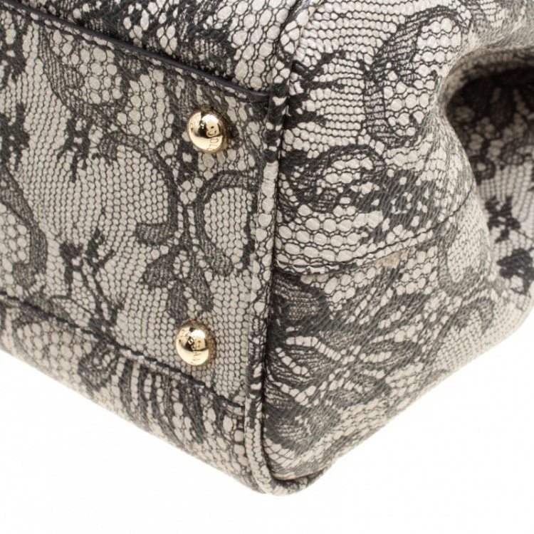 Pre Owned Dolce and Gabbana Beige Lace Print Leather Medium Miss Sicily Top Handle Bag