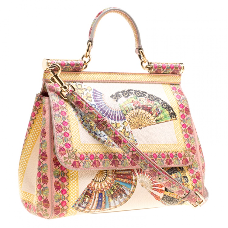 Pre Owned Dolce and Gabbana Multicolor Fan Foulard Printed Leather Medium Miss Sicily Top Handle Bag