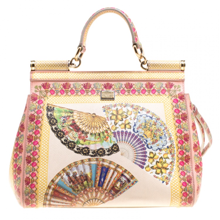 Pre Owned Dolce and Gabbana Multicolor Fan Foulard Printed Leather Medium Miss Sicily Top Handle Bag
