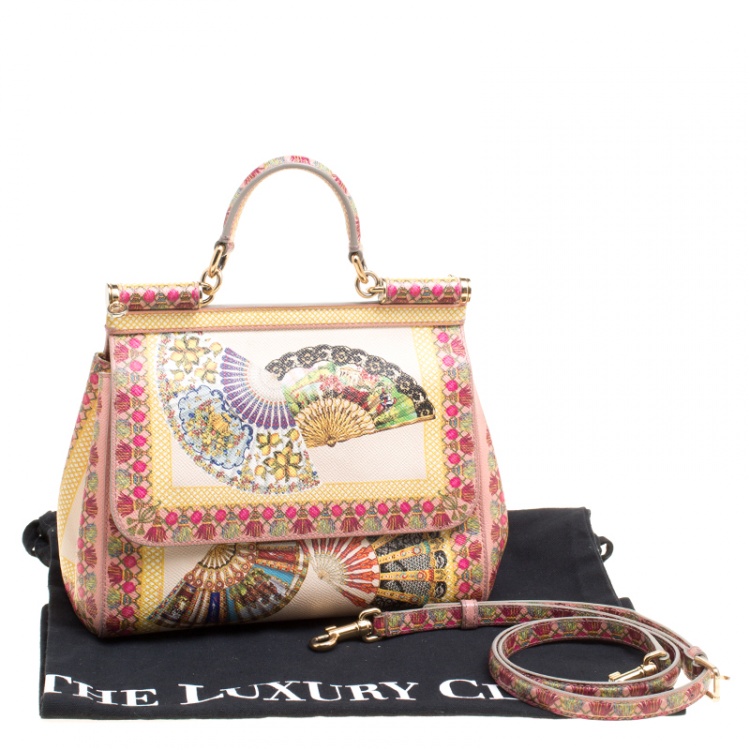 Pre Owned Dolce and Gabbana Multicolor Fan Foulard Printed Leather Medium Miss Sicily Top Handle Bag